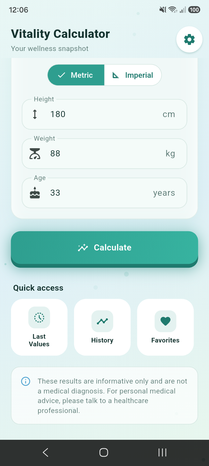 Vitality Calculator app screen